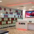 office interior design of a reception counter with with fabric snowflake screen