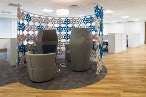 informal meeting space, high backed booth chairs with snowflake screen | Novex Solutions